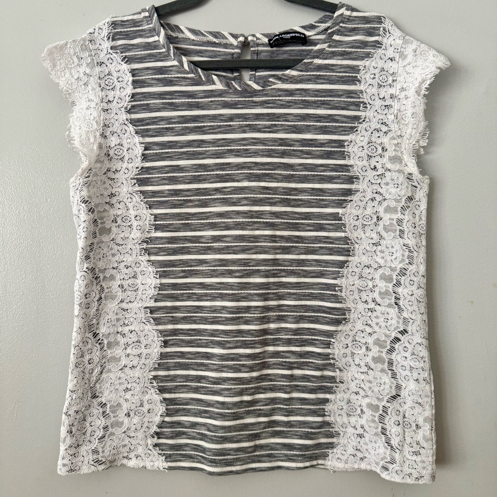 Karl Lagerfeld Minimalist Black and White Striped Lace Sleeveless Top